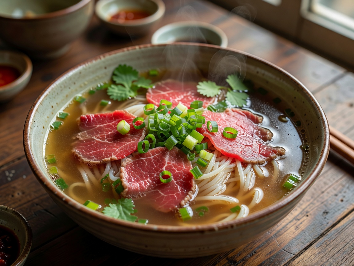 Authentic Northern Vietnamese Pho Bo with rare beef slices and fresh scallions