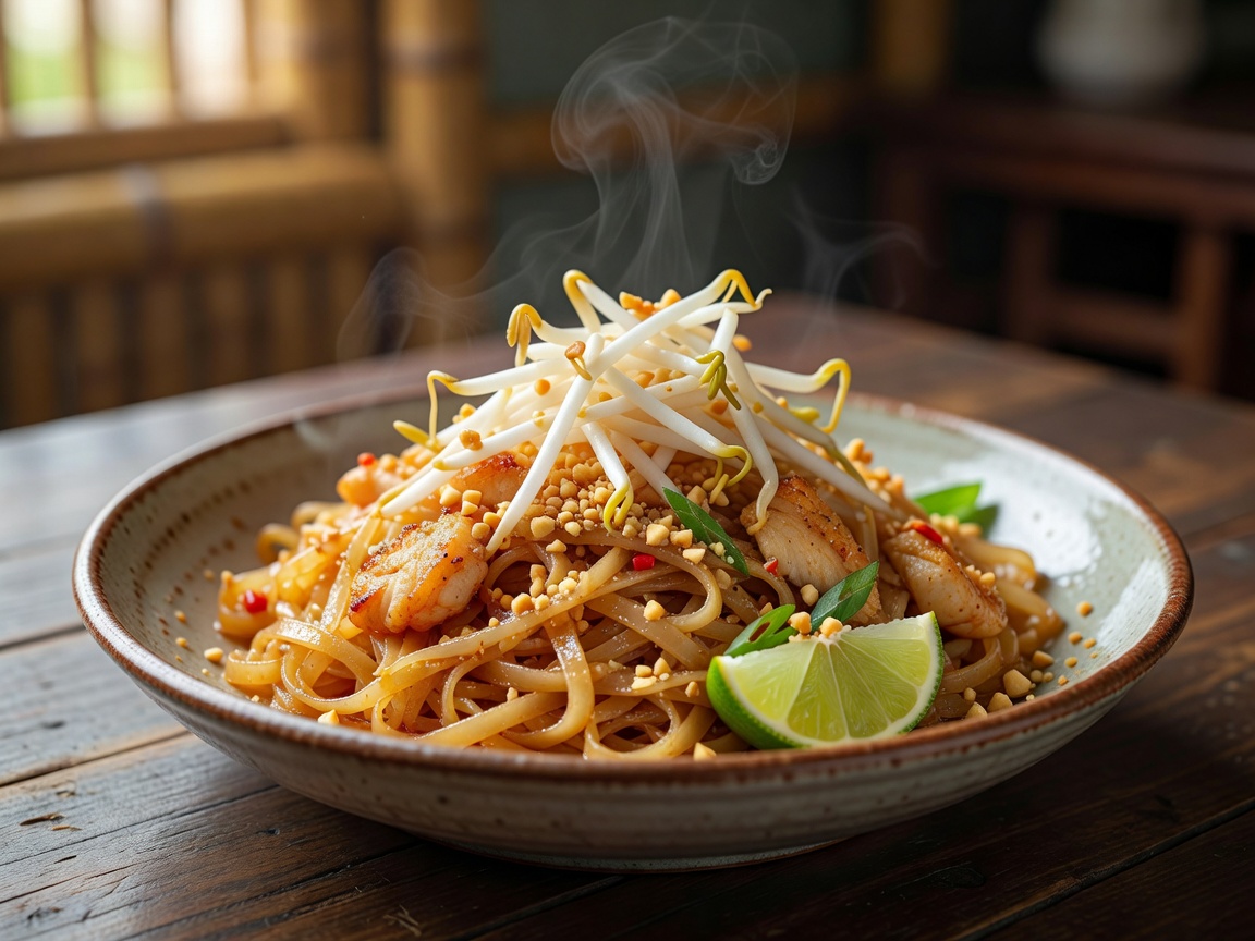 Authentic Pad Thai stir-fried noodles with prawns, peanuts and lime