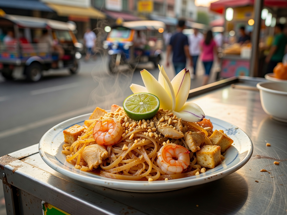 Bangkok street Pad Thai served with lime wedge, crushed peanuts, and fresh banana blossom