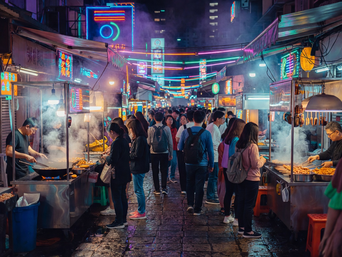 Bustling Taipei night market illuminated with neon signs and cooking vapor