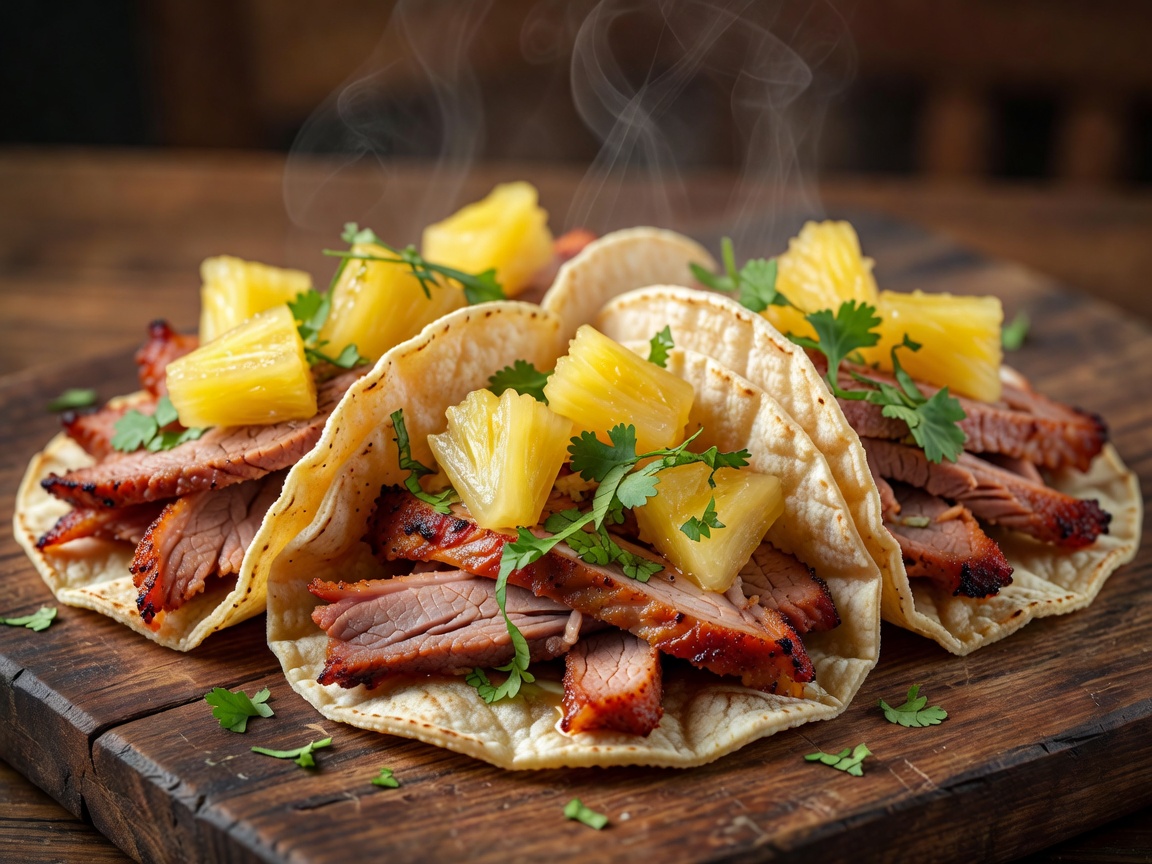 Freshly sliced Tacos al Pastor on corn tortillas with pineapple and cilantro