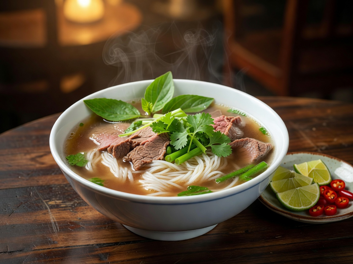 Steaming bowl of Hanoi Pho Bo beef noodle soup with herbs