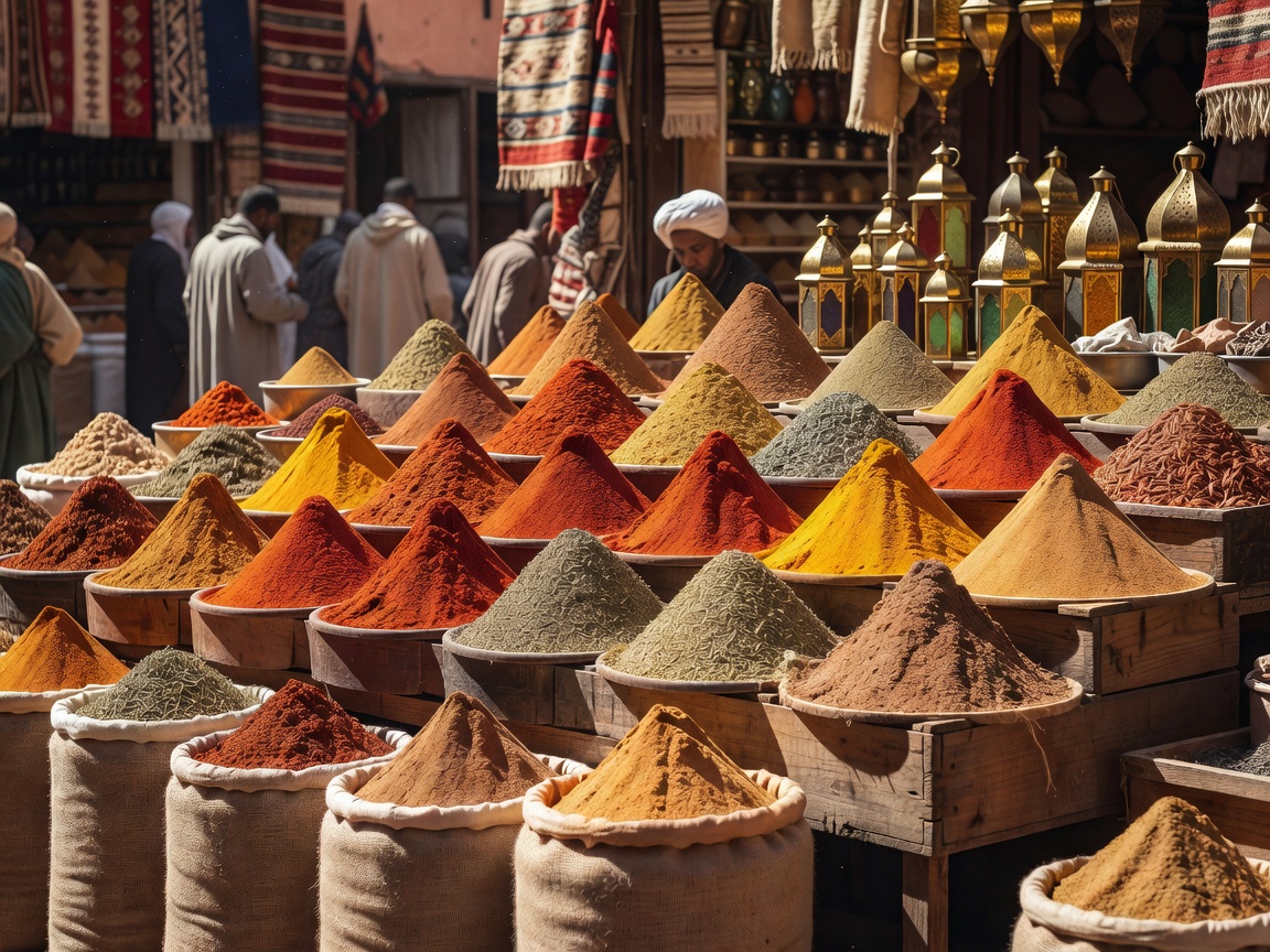 Moroccan spices and street food stalls in Marrakech Jemaa el-Fnaa