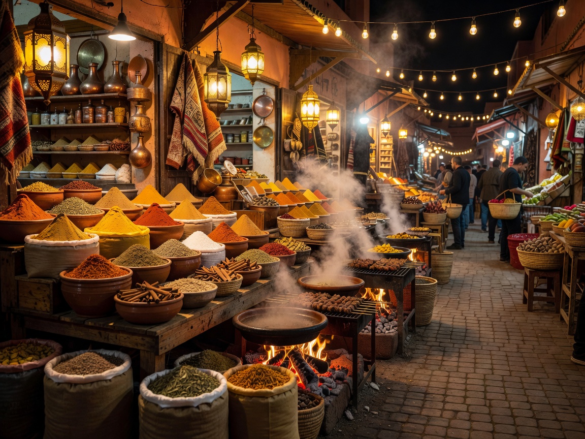 Plentiful Moroccan spices and street food stalls glowing at night in Marrakech