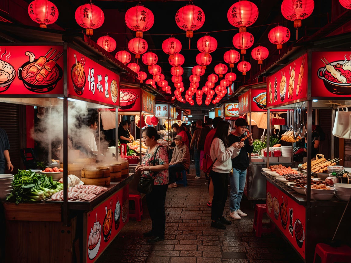 Vibrant night market in Taipei illuminated with colorful signs